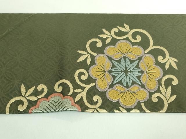 平和屋着物■極上　西陣　川島織物　九寸名古屋帯　唐織　花唐草　麹塵色地　逸品　DZAB0699kh5 平和屋着物□極上 西陣 川島織物 九寸名古屋帯 唐織 花唐草 麹塵色地