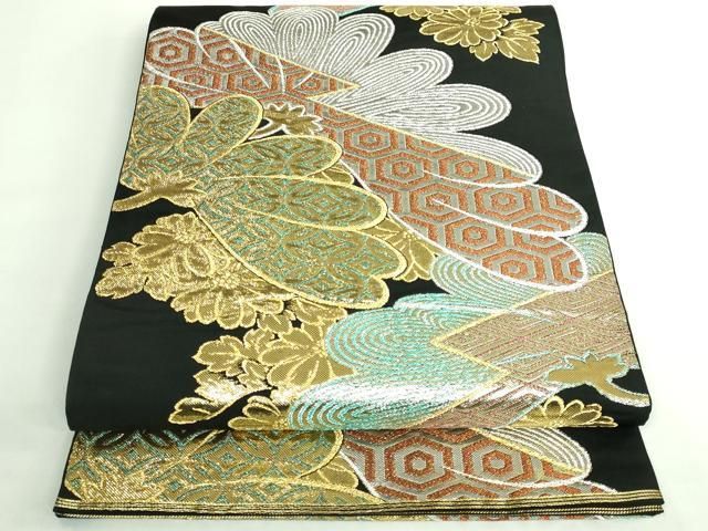 平和屋着物 上 西陣 川島織物 六通柄 本袋帯 裏菊 黒地 金銀糸 kh 5