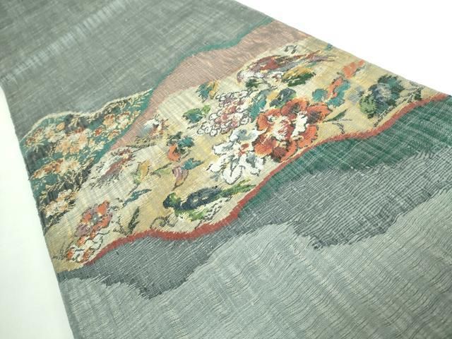 平和屋着物 上 西陣 老舗 渡文謹製 手織 すくひ 両面 太鼓柄袋帯 スリーシーズン帯 花鳥文 金糸 証紙付き kh 5