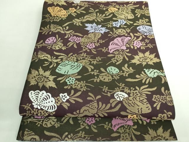 平和屋着物 上 京の名門 じゅらく謹製 帝王紫 両面 全通柄袋帯 貝花文 金糸 kh 5