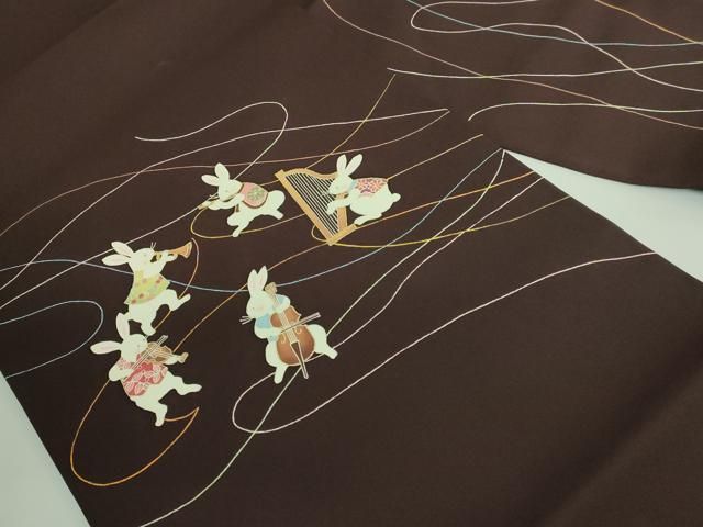平和屋着物 上 東京手描き友禅作家 真淵貴昭 塩瀬 九寸名古屋帯 楽器 兎 赤黒色地 金彩 kh 5