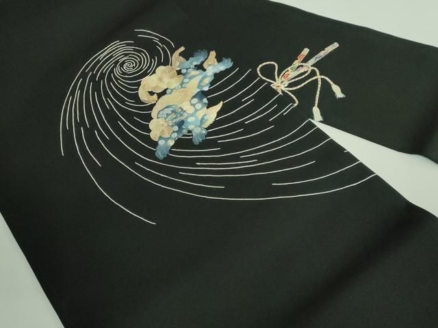 平和屋着物 上 塩瀬 九寸名古屋帯 総手刺繍 唐獅子 黒地 kh 5