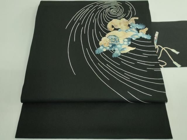 平和屋着物 上 塩瀬 九寸名古屋帯 総手刺繍 唐獅子 黒地 kh 5