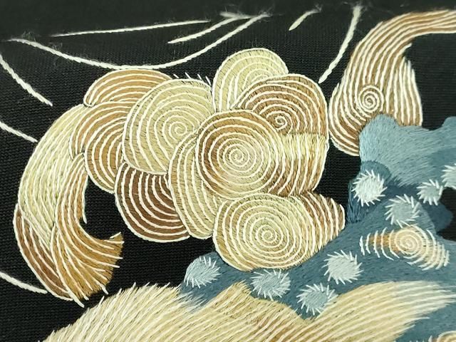  平和屋着物 上 塩瀬 九寸名古屋帯 総手刺繍 唐獅子 黒地 kh 5 名古屋帯 帯