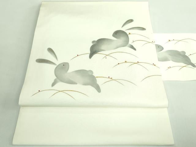 平和屋着物■極上　塩瀬　九寸名古屋帯　手描き　露芝に兎　蓑亀　金彩　逸品　DZAB0985kh5 平和屋着物□極上 塩瀬 九寸名古屋帯 手描き 露芝に兎 蓑亀 金彩 逸品