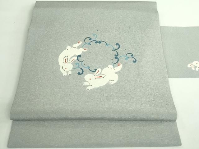 ひらともページ★着物と帯 平和屋着物□極上 九寸名古屋帯 立波に兎 灰色地 鬼しぼ縮緬 逸品