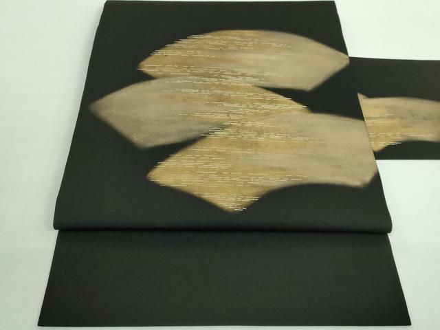 平和屋着物 上 銀座きしや 塩瀬 九寸名古屋帯 扇面 黒地 金彩 たとう紙付き kh 5