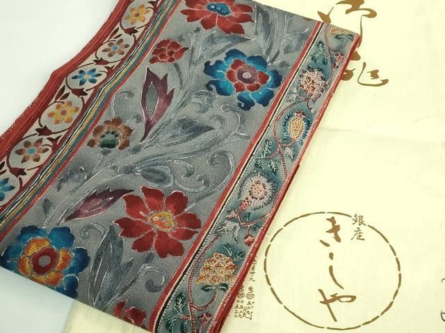 平和屋着物 上 銀座きしや 九寸名古屋帯 更紗花文 ろうけつ染め 鬼しぼ縮緬 たとう紙付き kh 5