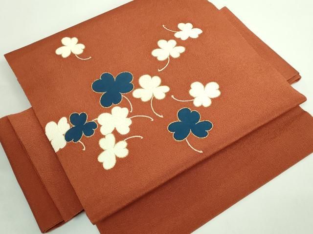 平和屋着物■極上　銀座　志ま亀　　ワンタッチつけ帯　舞葉文　代赭色地　金彩　鬼しぼ縮緬　逸品　DZAB0999kh5 平和屋着物□極上 銀座 志ま亀 ワンタッチつけ帯 舞葉文 代赭色地 金彩