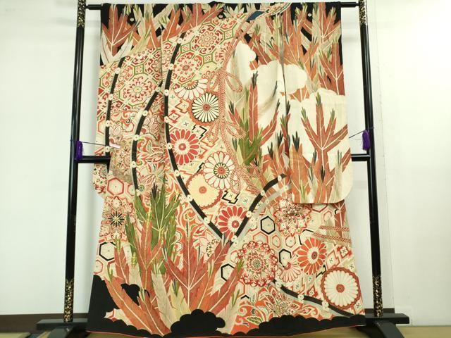 平和屋着物 上 アンティーク 大正ロマン 振袖 駒刺繍 几帳菊葉文 黒地 金彩 kh 5