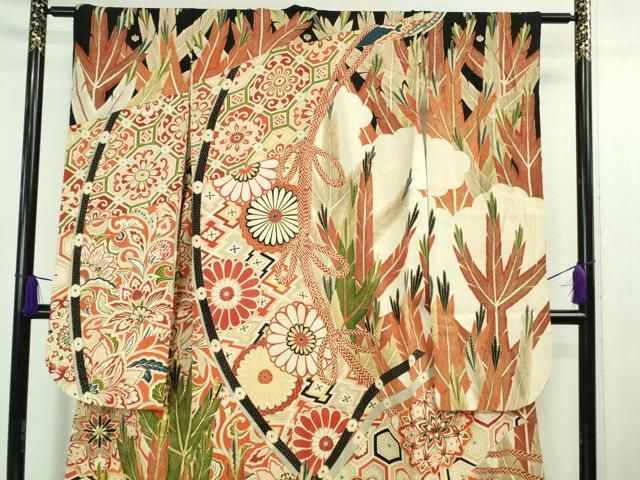  平和屋着物 上 アンティーク 大正ロマン 振袖 駒刺繍 几帳菊葉文 黒地 金彩 kh 5 振袖 着物