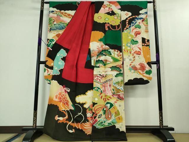 平和屋着物 上 アンティーク 大正ロマン 振袖 駒刺繍 御所車花鳥文 黒地 金彩 kh 5