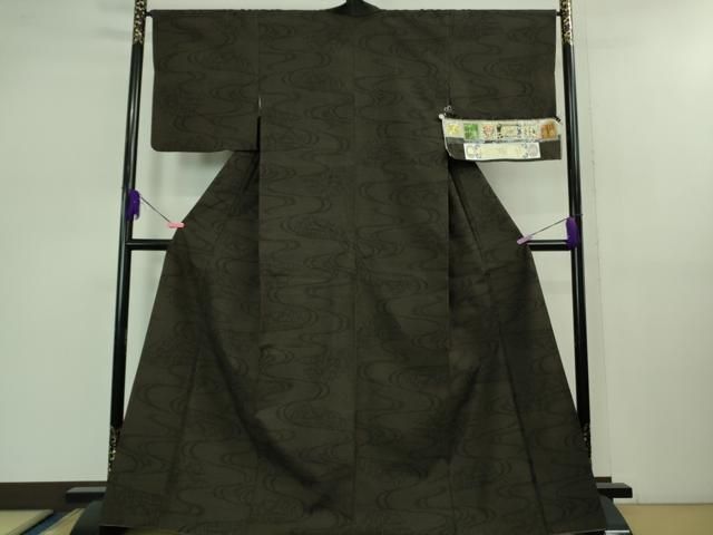 平和屋着物 上 本場真綿絢結城紬 100亀甲 風景文 檳榔子染色地 証紙付き kh 5