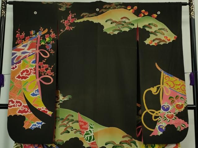  平和屋着物 上 アンティーク 大正ロマン 振袖 長襦袢 袷 半衿刺繍 セット 駒刺繍 几帳鳳凰花文 黒地 金彩 kh 5 振袖 着物