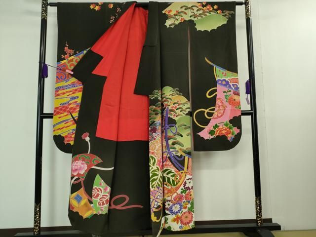 平和屋着物 上 アンティーク 大正ロマン 振袖 長襦袢 袷 半衿刺繍 セット 駒刺繍 几帳鳳凰花文 黒地 金彩 kh 5