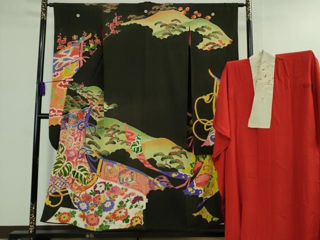 平和屋着物 上 アンティーク 大正ロマン 振袖 長襦袢 袷 半衿刺繍 セット 駒刺繍 几帳鳳凰花文 黒地 金彩 kh 5