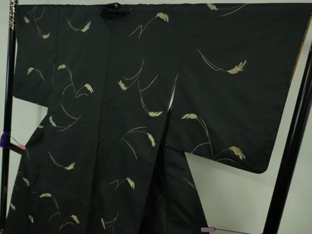  平和屋着物 上 本場大島紬 刺し子 総刺繍 稲穂 黒地 kh 5 紬 着物