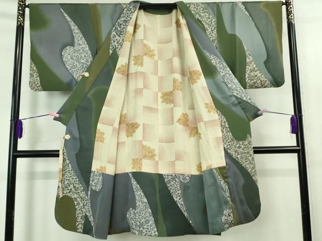 平和屋着物■極上　道中着　ロング丈　型染　舞蝶花文　逸品　DZAB1168kh5 平和屋着物□極上 道中着 ロング丈 型染 舞蝶花文 逸品