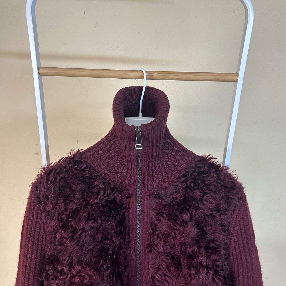 MONCLER モンクレールニットファー カーディガン赤茶系S ジップアップ 美品】【レア】MONCLER モンクレールニットファー カーディガン赤茶系S