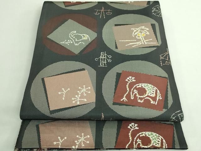 平和屋着物 上 両面 全通柄袋帯 象 ヤシの木 天秤 kh 5