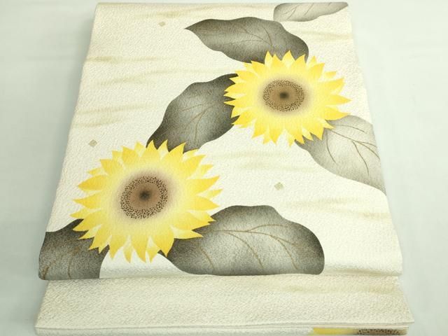 平和屋着物 上 日本画家 手描き作家 デザイナー 高橋威至 太鼓柄袋帯 ひまわり 向日葵 金彩 金通し地 kh 5