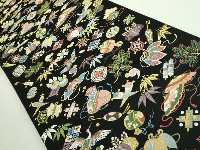 平和屋着物 上 西陣の老舗 1782年創業 山下織物 六通柄袋帯 唐織 招福宝尽くし 黒地 金糸 kh 5