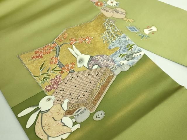 平和屋着物 上 塩瀬 九寸名古屋帯 手描き 兎 囲碁 金彩 kh 5