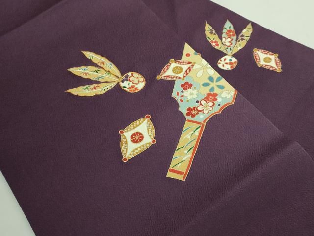 平和屋着物 上 九寸名古屋帯 駒刺繍 羽根突き 似せ紫色地 金彩 鬼しぼ縮緬 kh 5