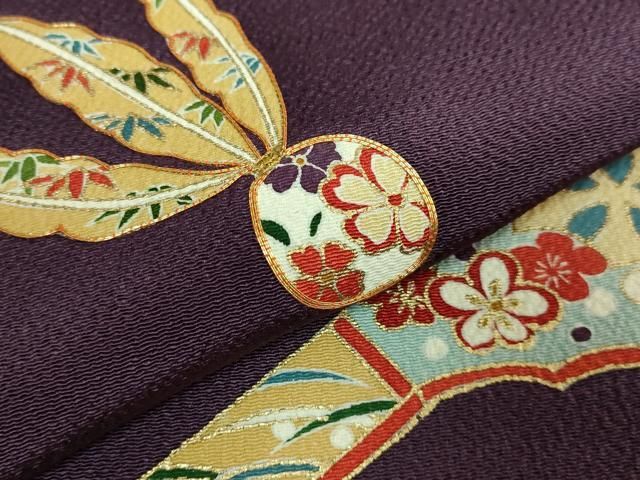 平和屋着物□極上 九寸名古屋帯 駒刺繍 羽根突き 似せ紫色地 金彩 鬼