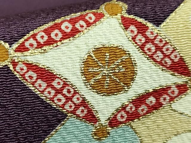 平和屋着物□極上 九寸名古屋帯 駒刺繍 羽根突き 似せ紫色地 金彩 鬼