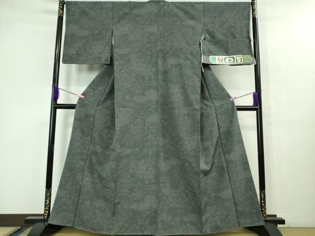 平和屋着物 上 結城紬 おく玉 80亀甲 手織 風景花文 藍墨茶色地 証紙付き kh 5