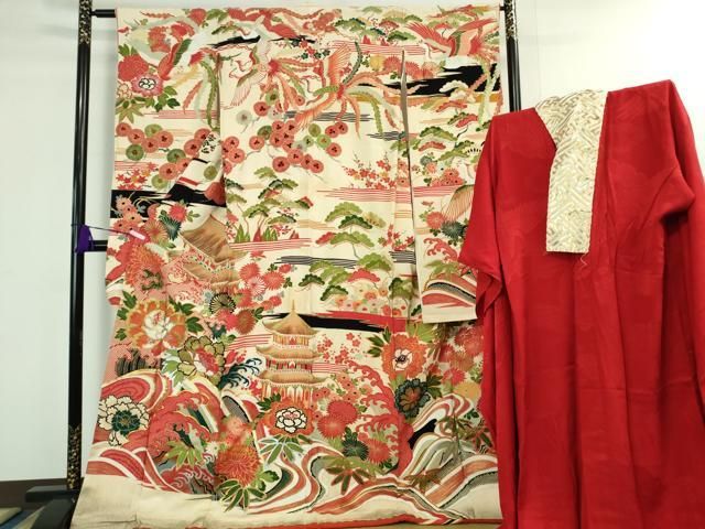 平和屋着物 上 アンティーク 大正ロマン 振袖 長襦袢 袷 半衿付き セット 駒刺繍 立波風景花文 金銀糸 kh 5