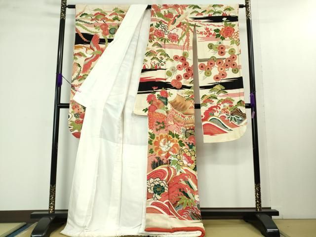 平和屋着物 上 アンティーク 大正ロマン 振袖 長襦袢 袷 半衿付き セット 駒刺繍 立波風景花文 金銀糸 kh 5