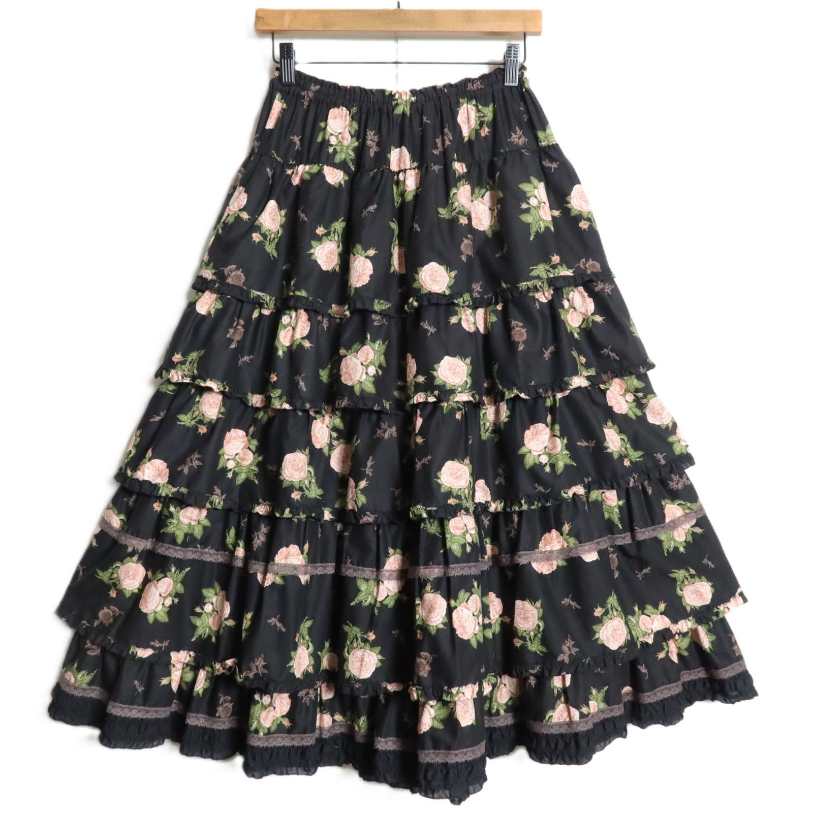 極美品】ピンクハウス☆ローズpt♪かぶせ段々フリルのローンスカート