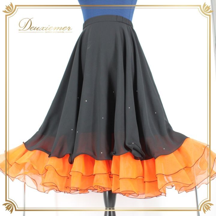 社交ダンス用　スタンダード　オレンジ×黒ドレス　4枚ボリュームスカートM 社交ダンス用 スタンダード オレンジ×黒ドレス 4枚ボリュームスカートM