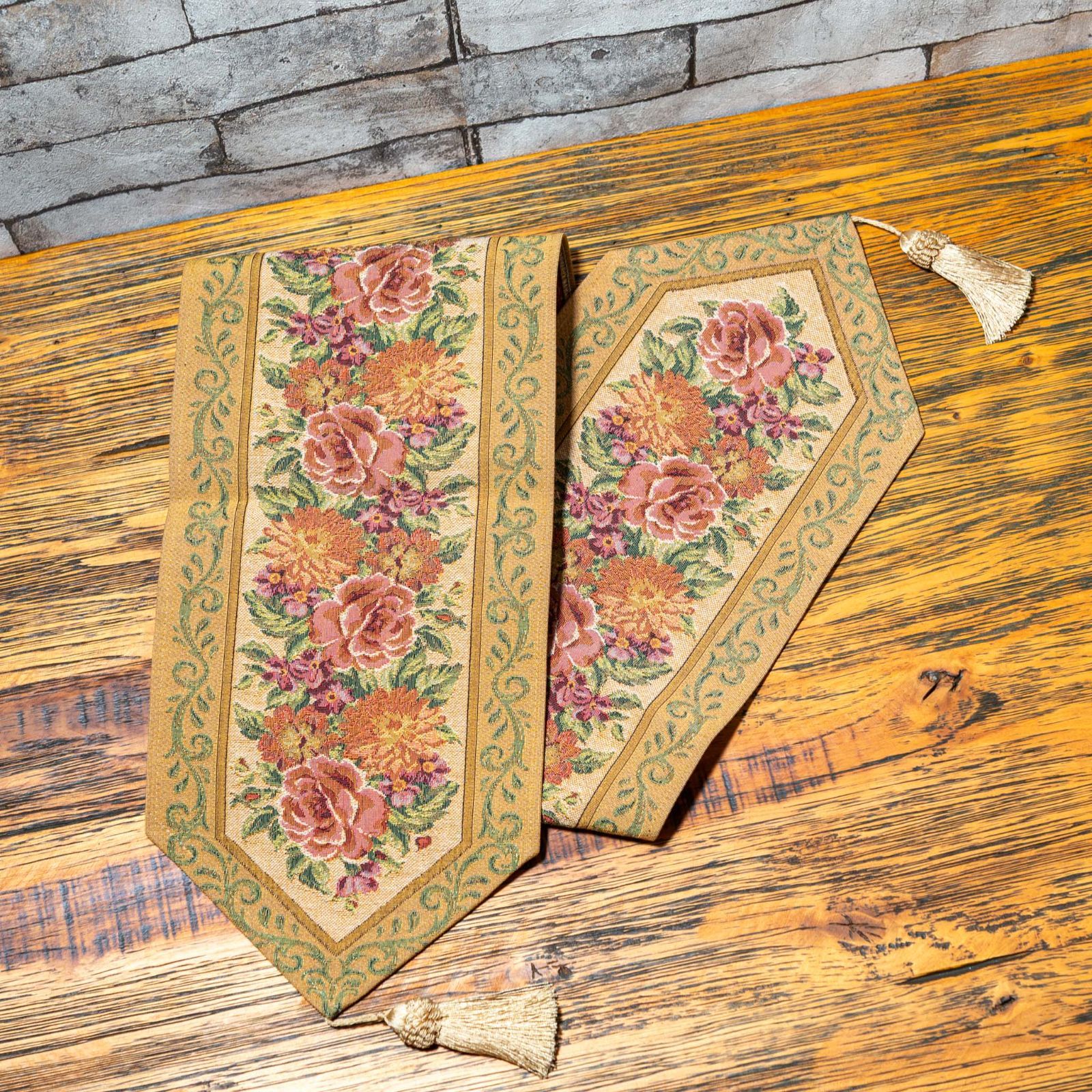 ベルギー製 ゴブラン織り タッセル付きテーブルランナー ベージュ 幅21×長さ160cm