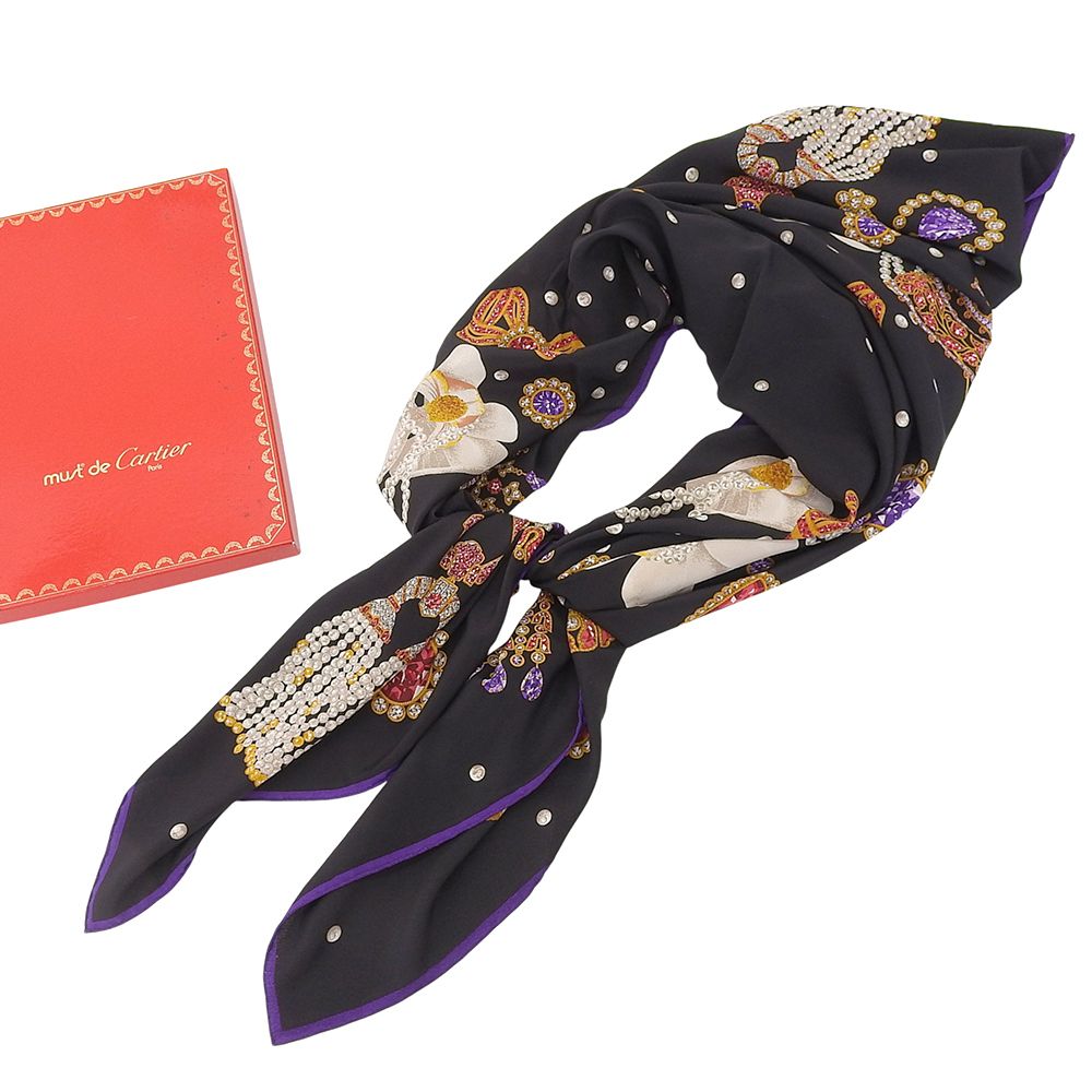 超 カルティエ CARTIER アイテム 超大判 シルク ストール 130 cm 宝石柄 黒 スカーフ