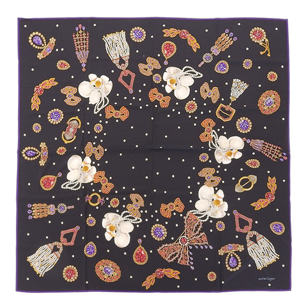 超 カルティエ CARTIER アイテム 超大判 シルク ストール 130cm 宝石柄 黒 スカーフ