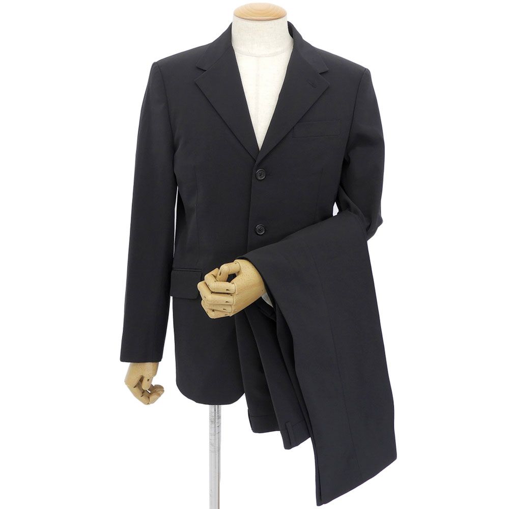 プラダ PRADA 黒タグ A8050 ポリエステル サテン テーラードジャケット スラックス セットアップ スーツ 48 黒 3B メンズ ビジネス 旅