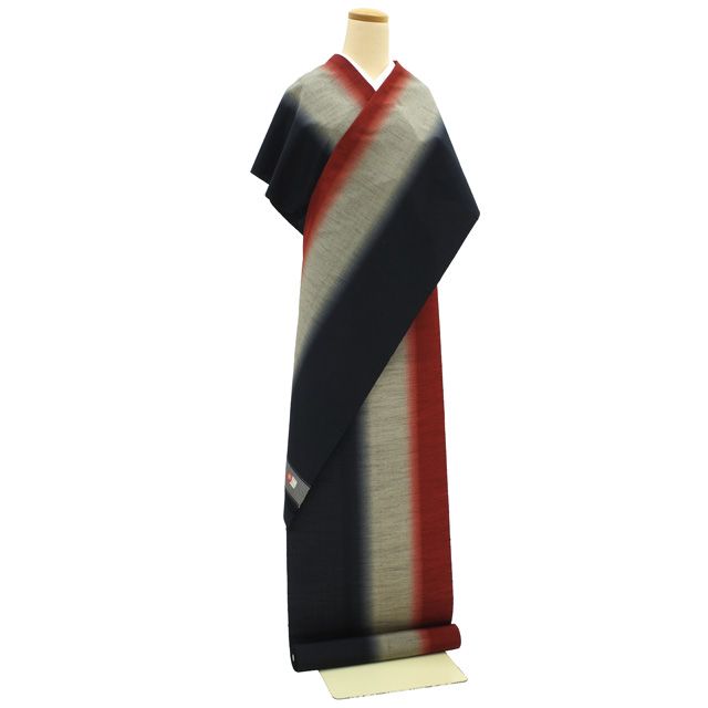 すごい値 紬 反物 西陣織 着物 着尺 正絹 濃紺 グレー 朱赤 三彩ぼかし 織り柄 カジュアル 未仕立て 春 秋 冬 袷 単衣 どちらにも お仕立てＯＫ リサイクル すごいね みやがわ nem 00160