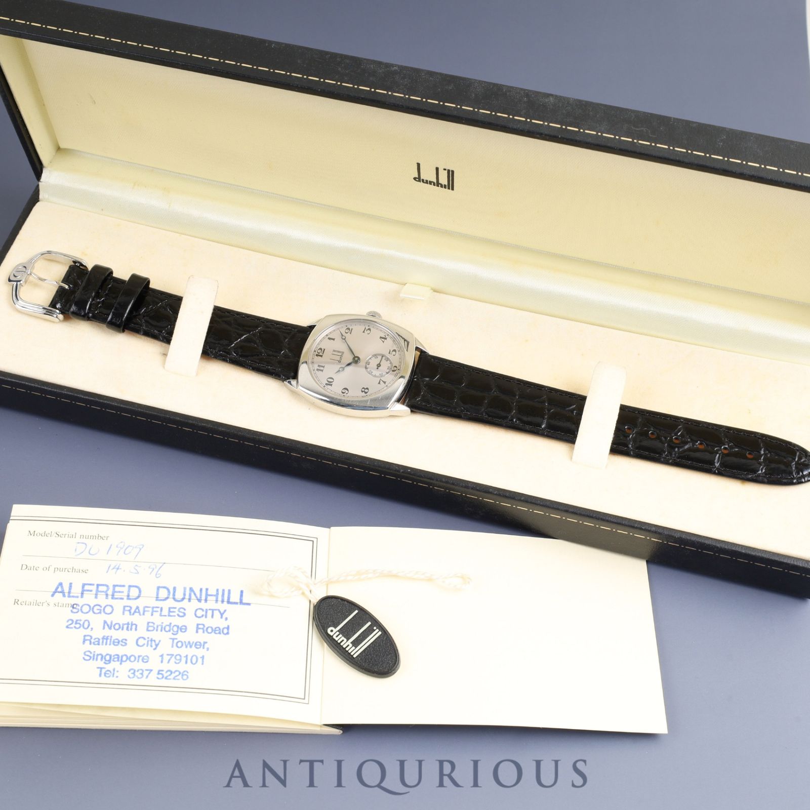 ダンヒル クッションケース 115 手巻き Cal.7001 革 純正尾錠 SS シルバーアラビア文字盤 箱 保証書 1996年 オーバーホール済み