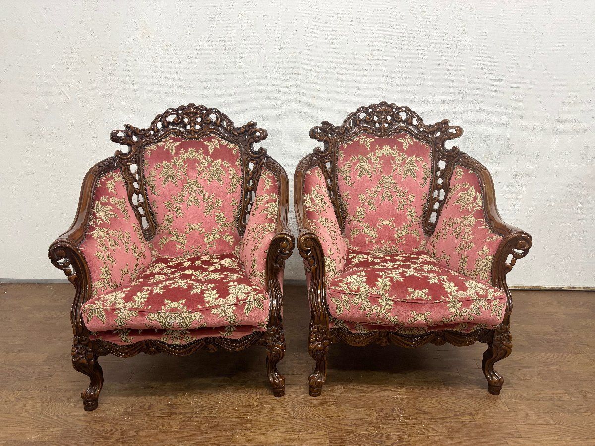 豪華 ロココ調 1人掛けソファ ２点セット 1 P サロンチェア 彫刻 応接 家具 英国アンティーク調 バロック調 貝1278