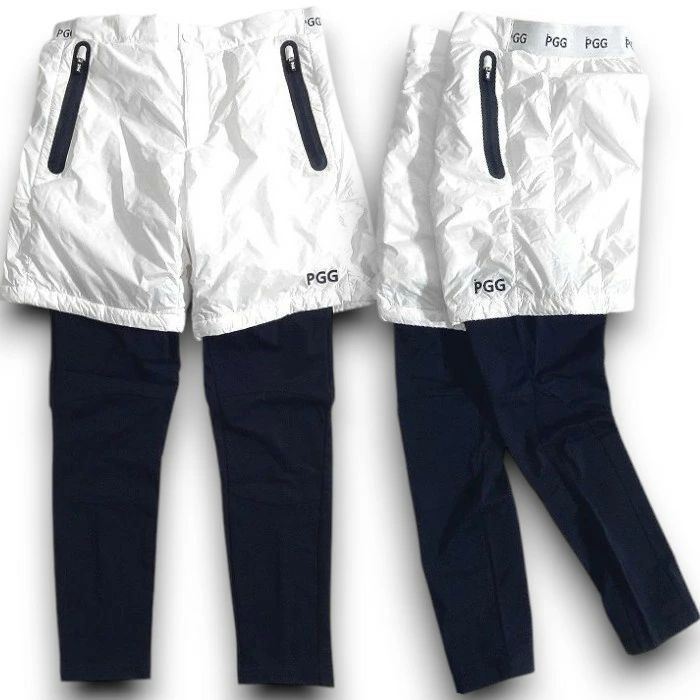 ピージージー パーリーゲイツ ゴルフ ナイロンタフタ 高通気フリース 裏メッシュ フェイクレイヤード 異素材コンビ ツートン ストレッチ パンツ ゴルフウェア 268-2131001 定価2.8万 ホワイト ダークネイビー 031 51104 w 02