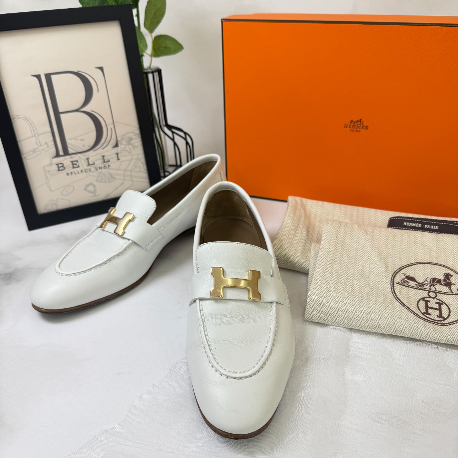 鑑定済み エルメス パリ ホワイト ゴールド金具 35.5 23 cm程度 カーフ メタル モカシン Hバックル