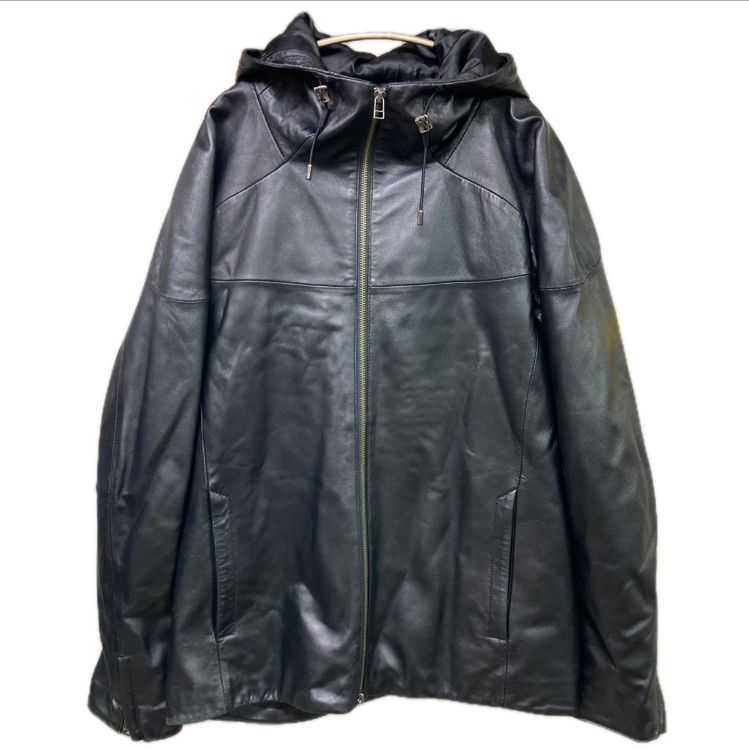 MORGAN HOMME モルガンオム シングル ライダース 羊革 革ジャン ブラック フード付き 6435f0ca