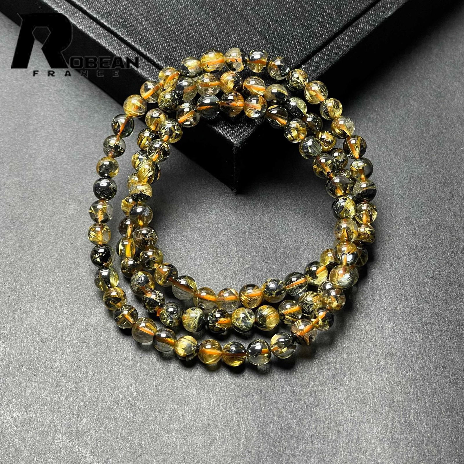 上品 EU製 定価14万円 ROBEAN 太陽花タイチンルチル 黄金針水晶 金運 開運 ゴールド 3本巻きブレス パワーストーン プレゼント 5.4-5.9 mm