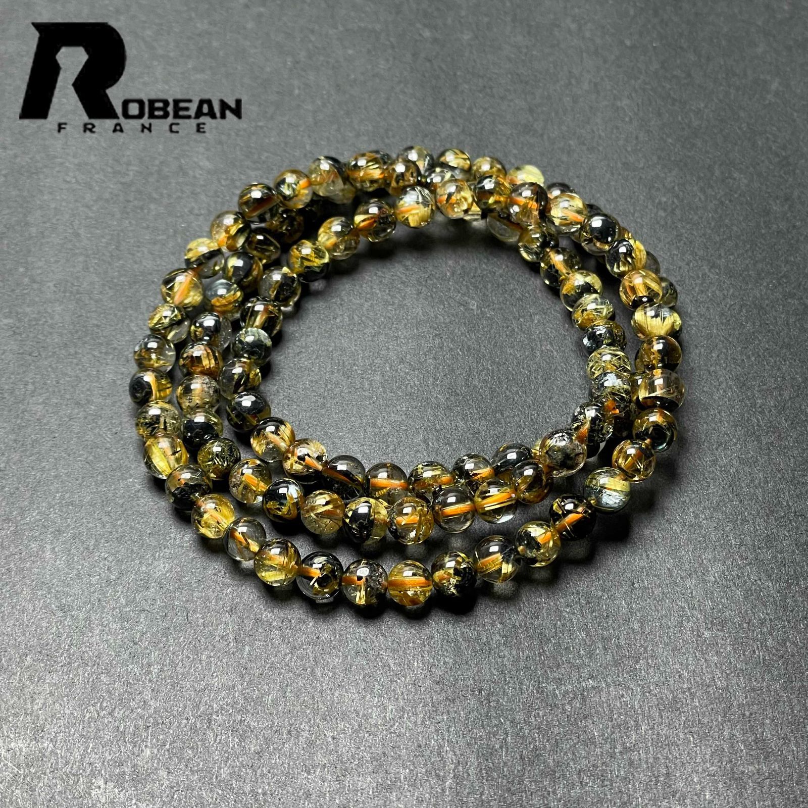 上品 EU製 定価14万円 ROBEAN 太陽花タイチンルチル 黄金針水晶 金運 開運 ゴールド 3本巻きブレス パワーストーン プレゼント 5.4-5.9mm M0813366