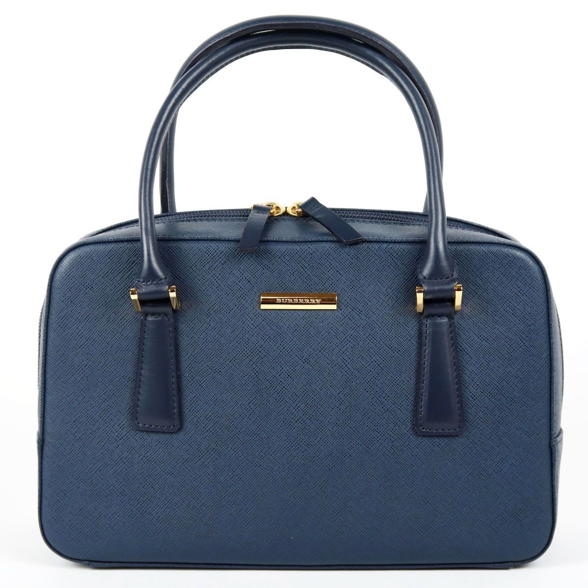 超 BURBERRY バーバリー サフィアーノレザー ハンドバッグ ネイビー×ゴールド金具 TM59