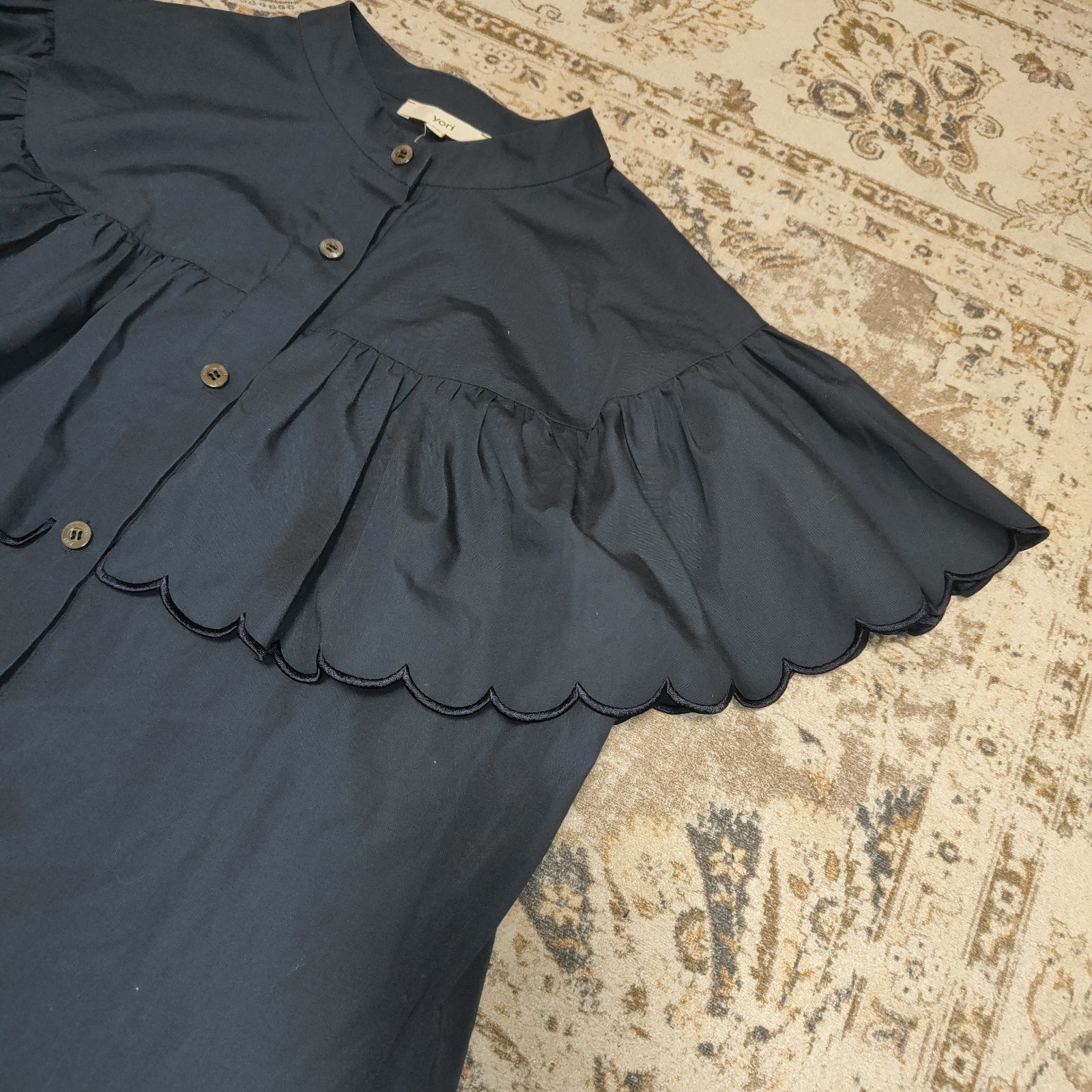 YORI ヨリ スカラップスリーブ ブラウス 36 ネイビー NAVY ウイング 