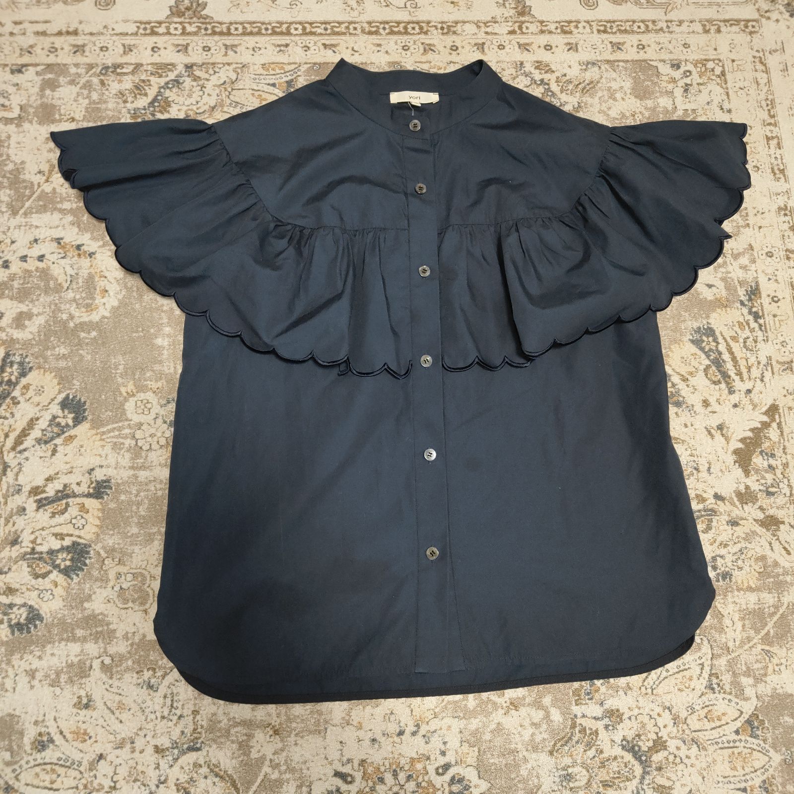 YORI ヨリ スカラップスリーブ ブラウス 36 ネイビー NAVY ウイング 